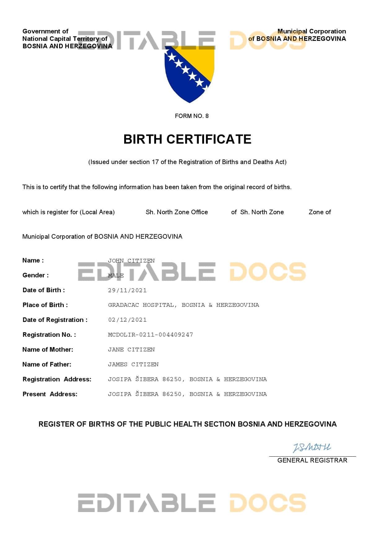 Authentic Bosnia and Herzegovina Birth Certificate Template | Customize and Download Online