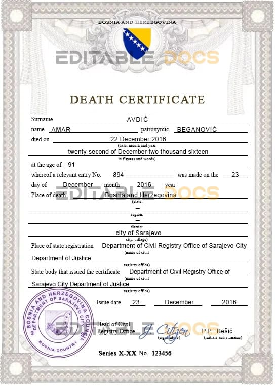Customizable Bosnia and Herzegovina Death Certificate PSD Templates | Instant Download