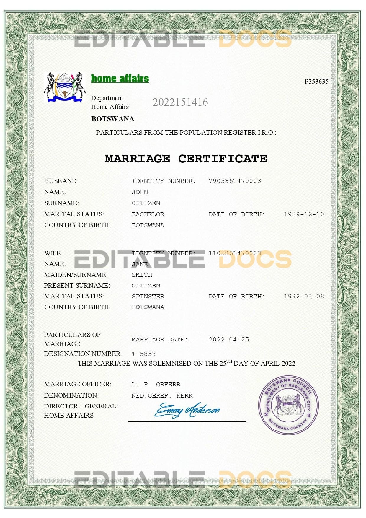 Botswana Marriage Certificate | Editable PDF Templates