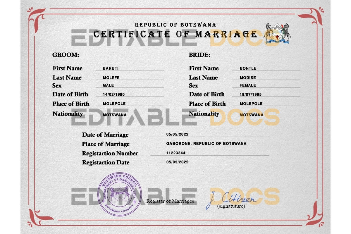 Botswana Marriage Certificate | Editable PSD Templates