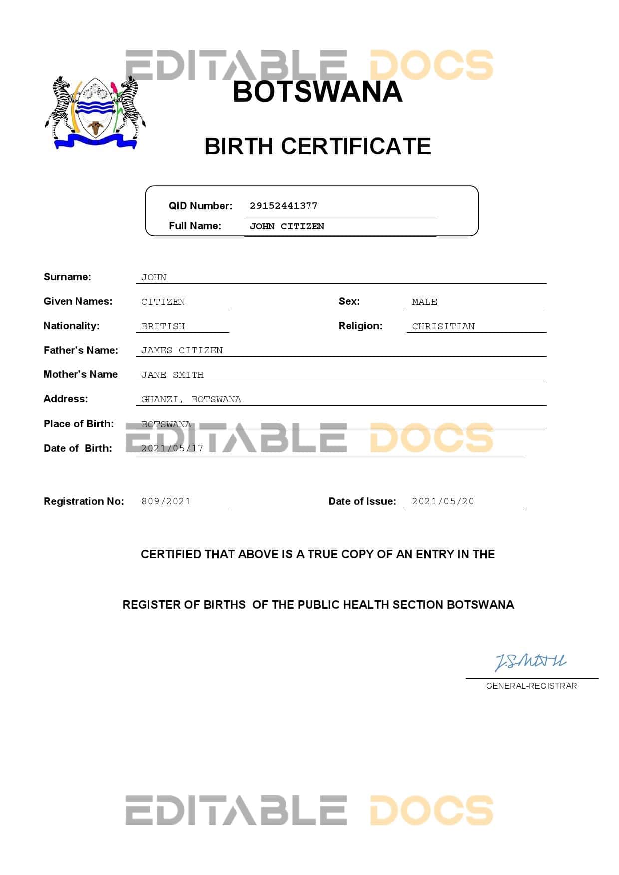 Authentic Botswana Birth Certificate Template | Customize and Download Online