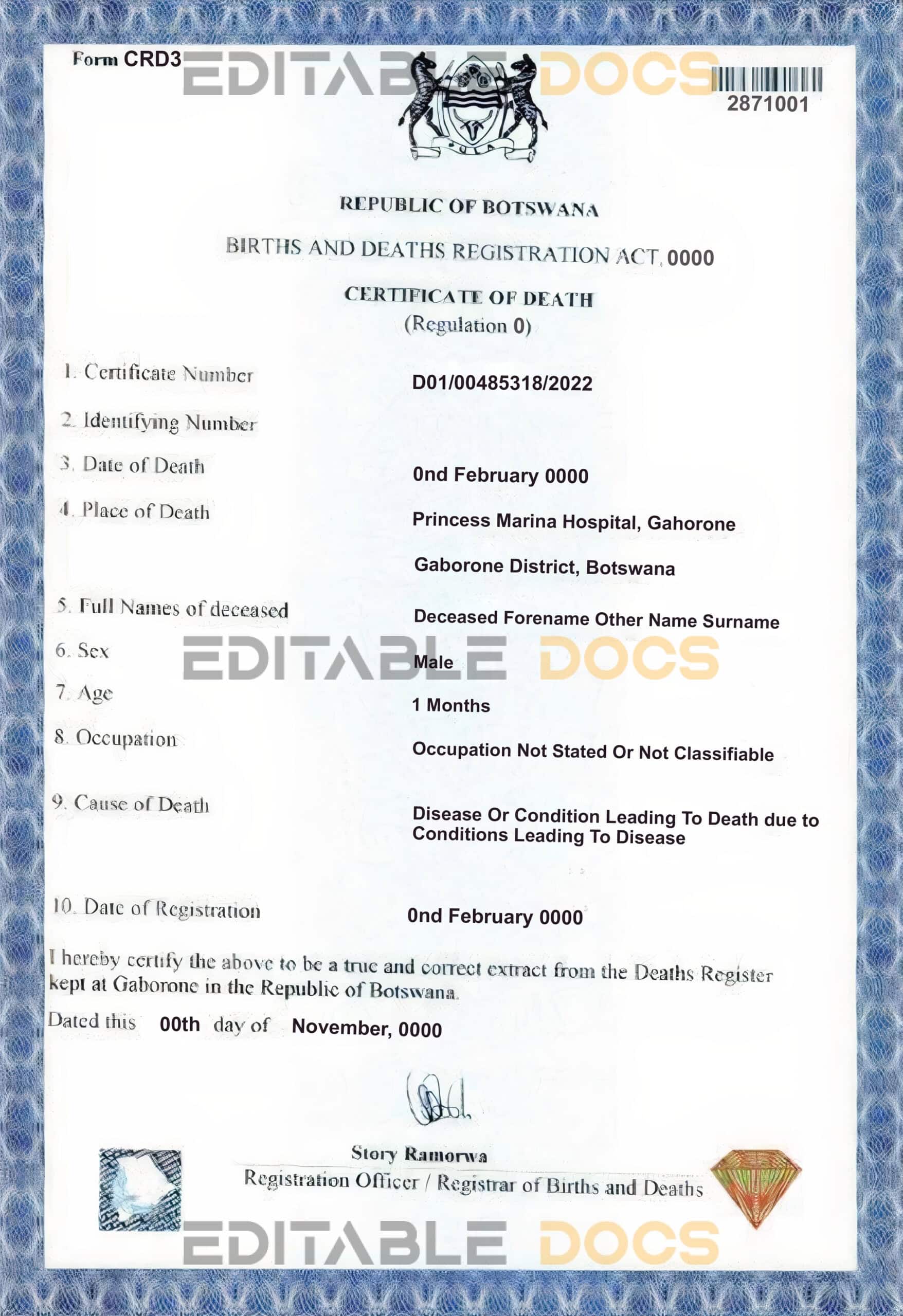 Customizable Botswana Death Certificate PSD Templates | Instant Download