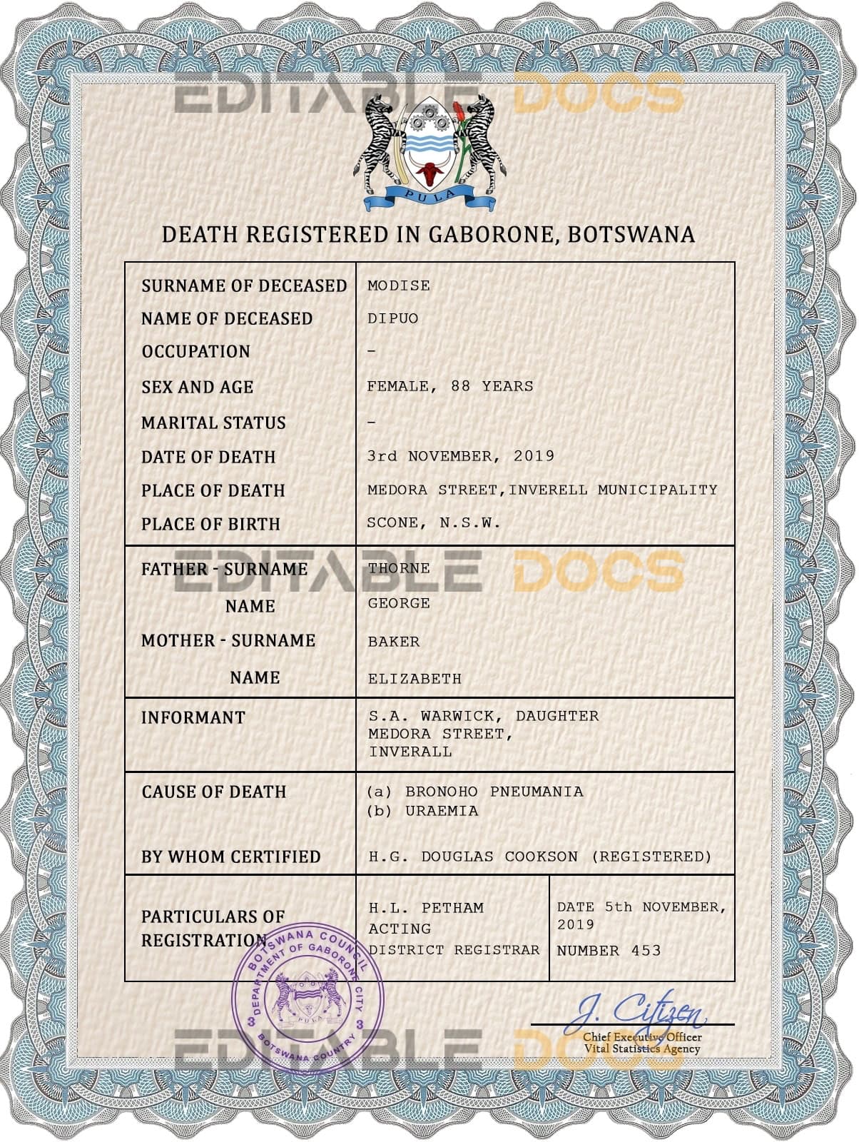 Customizable Botswana Death Certificate PSD Templates | Instant Download