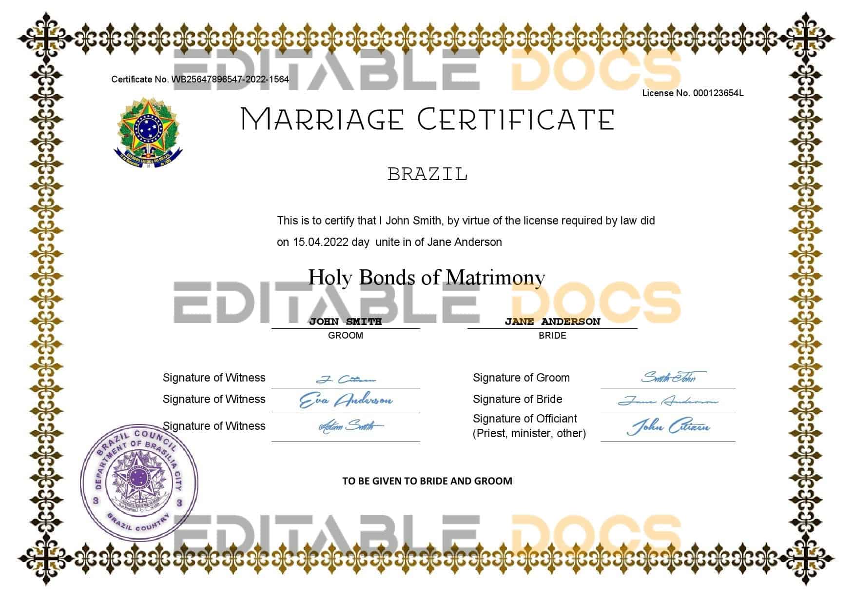 Brazil Marriage Certificate | Editable PDF Templates