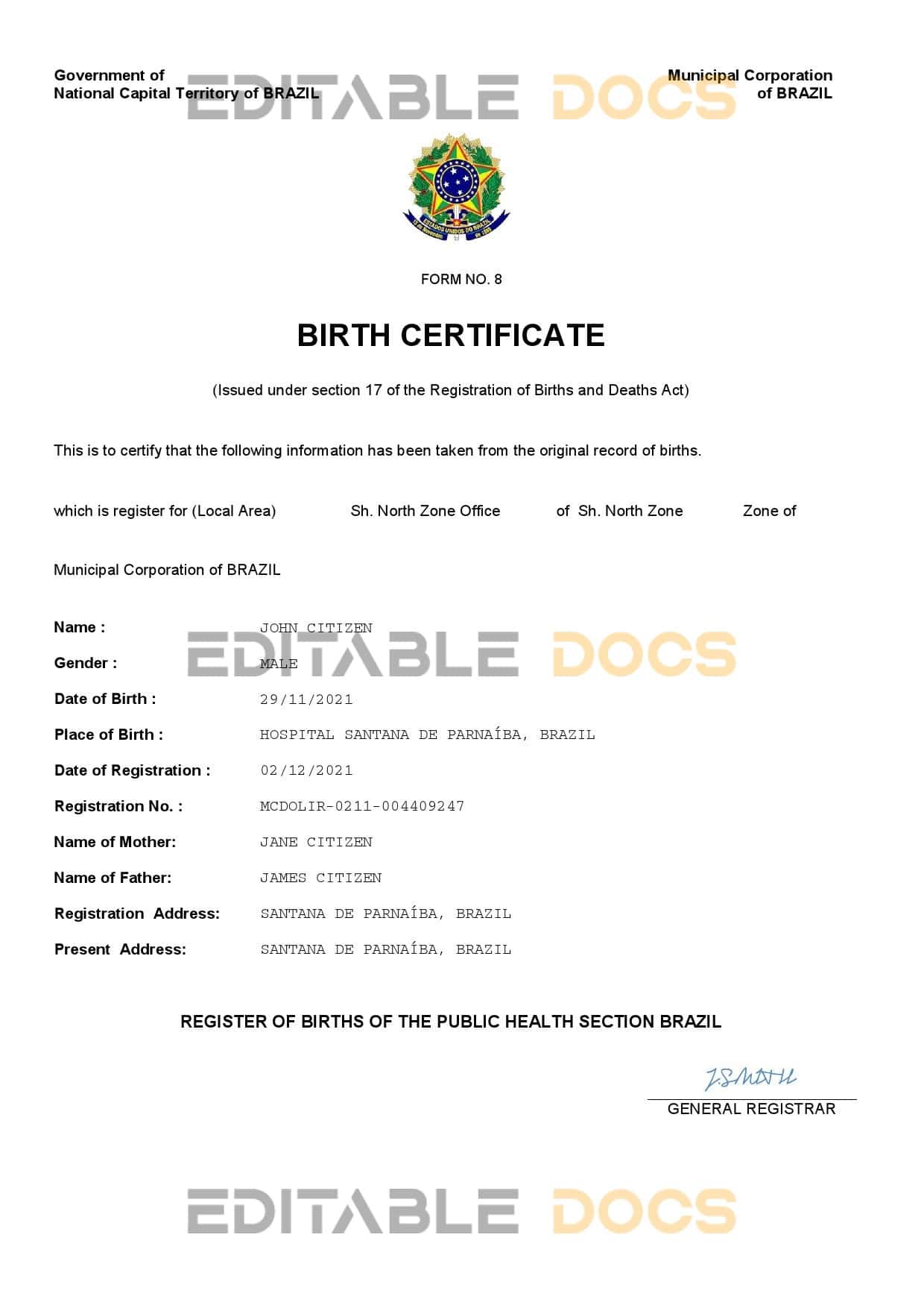 Authentic Brazil Birth Certificate Template | Customize and Download Online