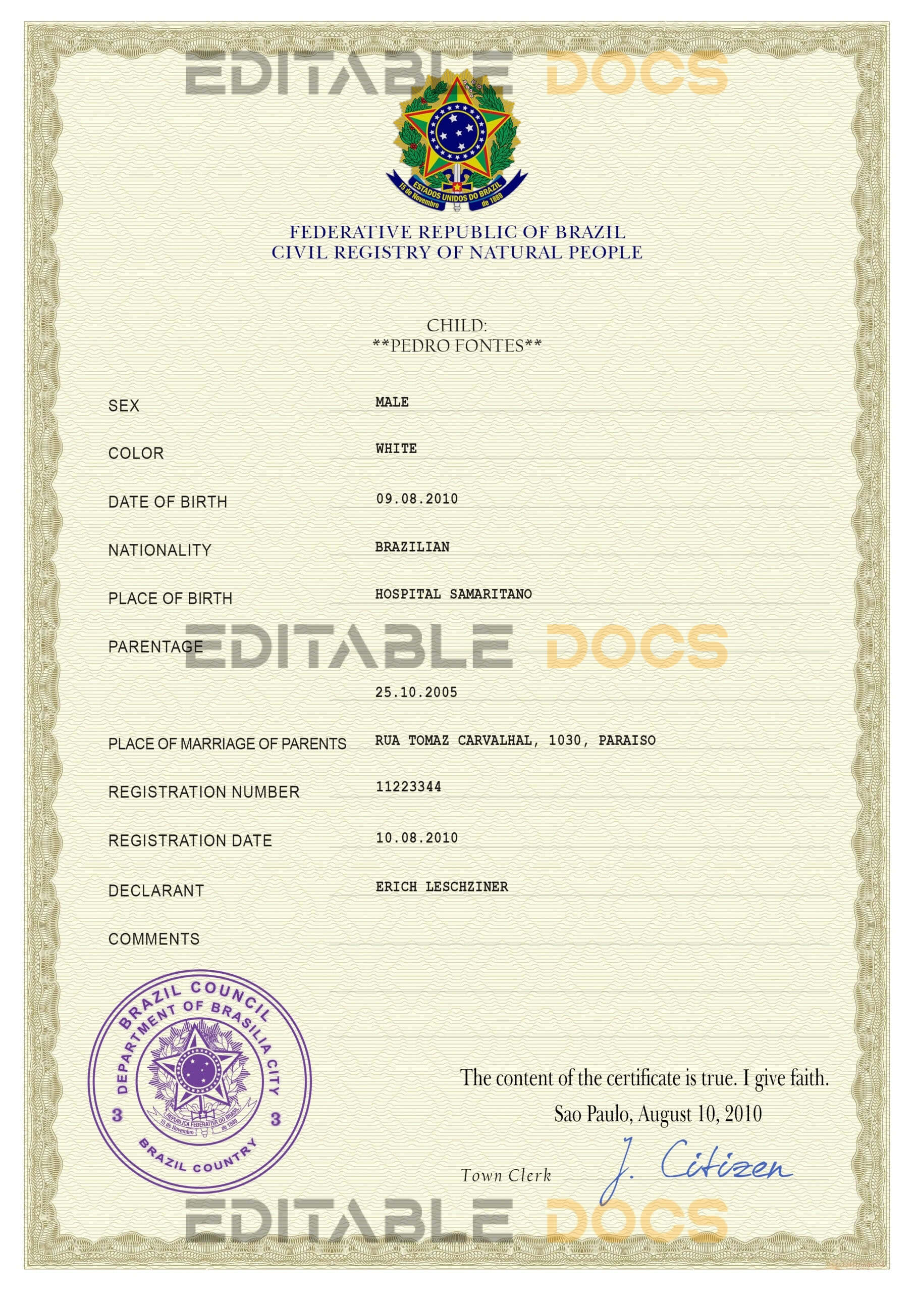 Authentic Brazil Birth Certificate Template | Customize and Download Online