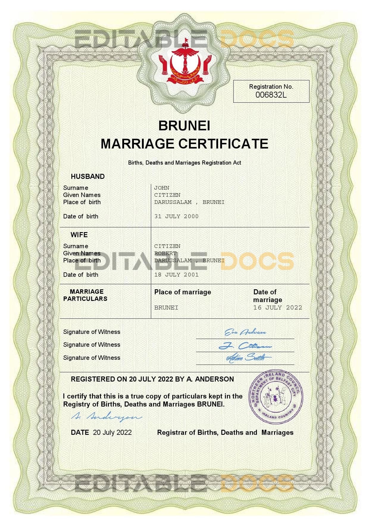 Brunei Marriage Certificate | Editable PDF Templates