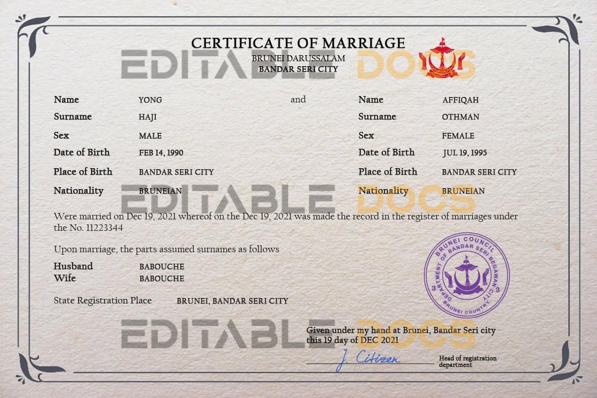 Brunei Marriage Certificate | Editable PSD Templates