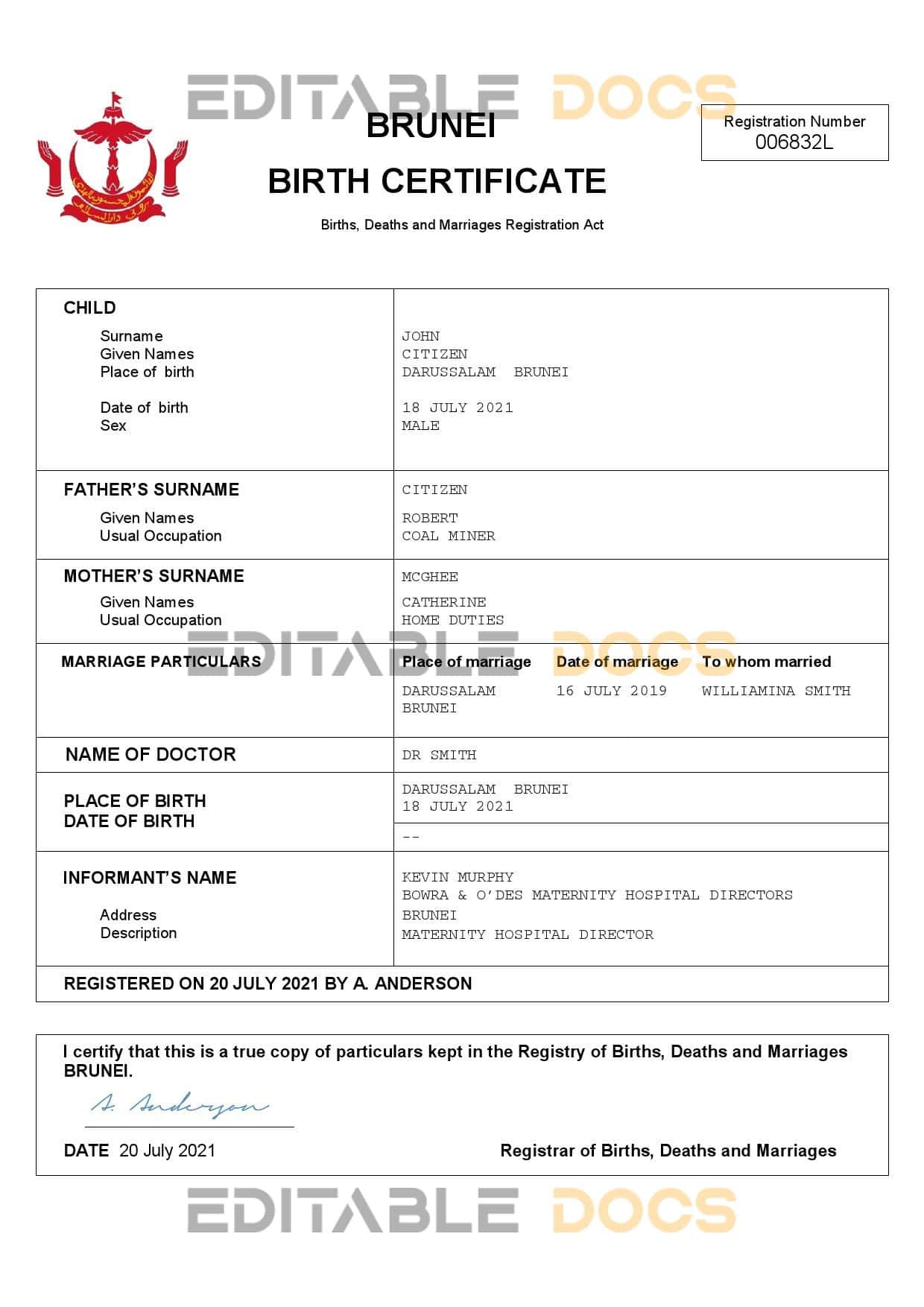 Authentic Brunei Birth Certificate Template | Customize and Download Online