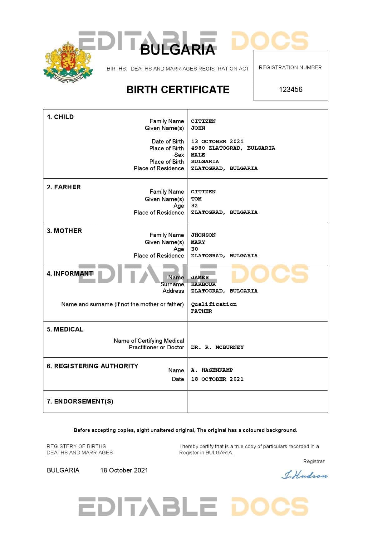 Authentic Bulgaria Birth Certificate Template | Customize and Download Online