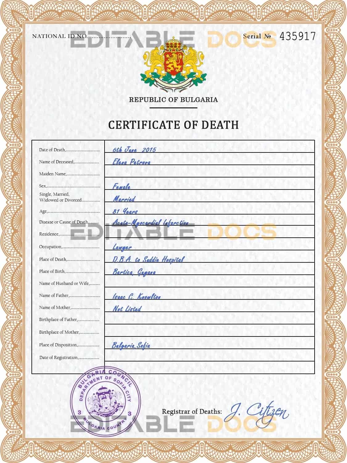 Customizable Bulgaria Death Certificate PSD Templates | Instant Download