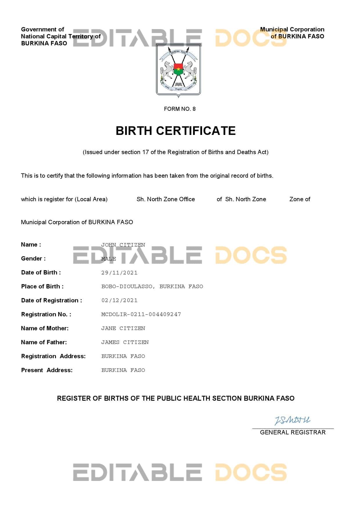 Authentic Burkina Faso Birth Certificate Template | Customize and Download Online