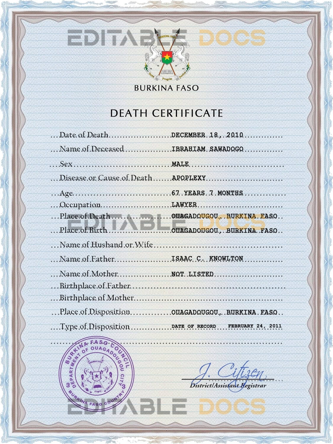 Customizable Burkina Faso Death Certificate PSD Templates | Instant Download