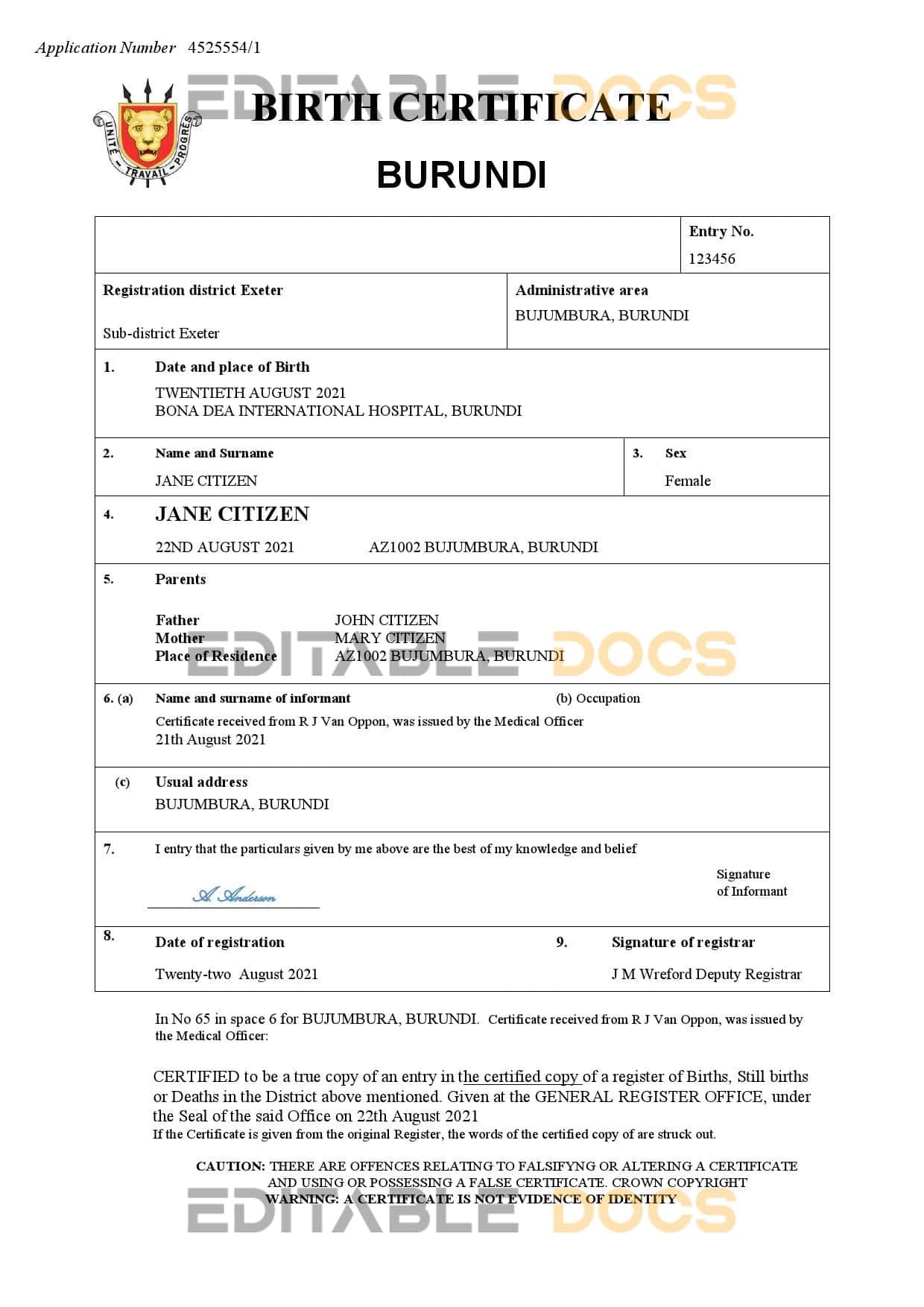 Authentic Burundi Birth Certificate Template | Customize and Download Online