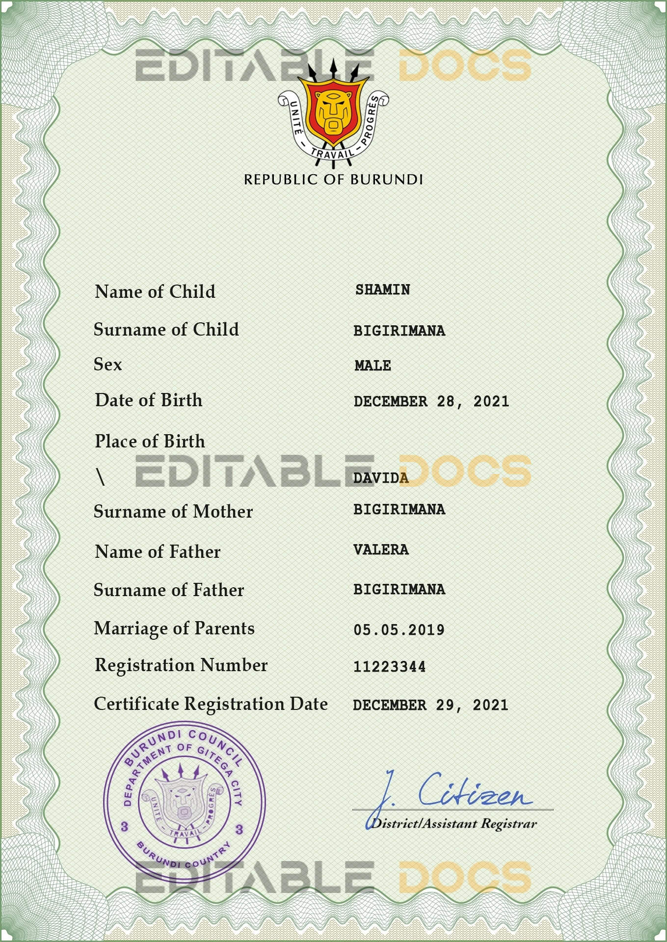 Authentic Burundi Birth Certificate Template | Customize and Download Online