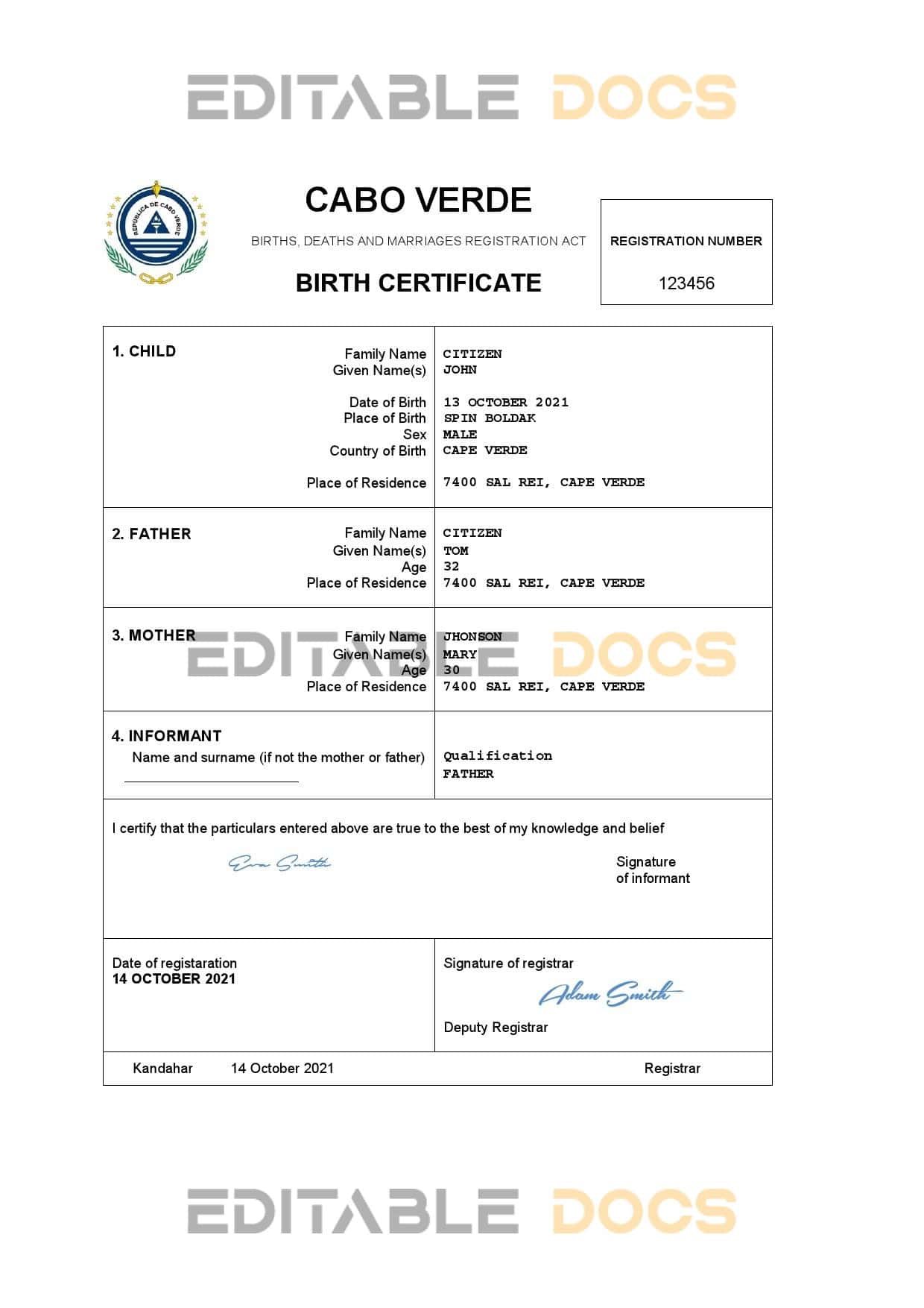 Authentic Cabo Birth Certificate Template | Customize and Download Online