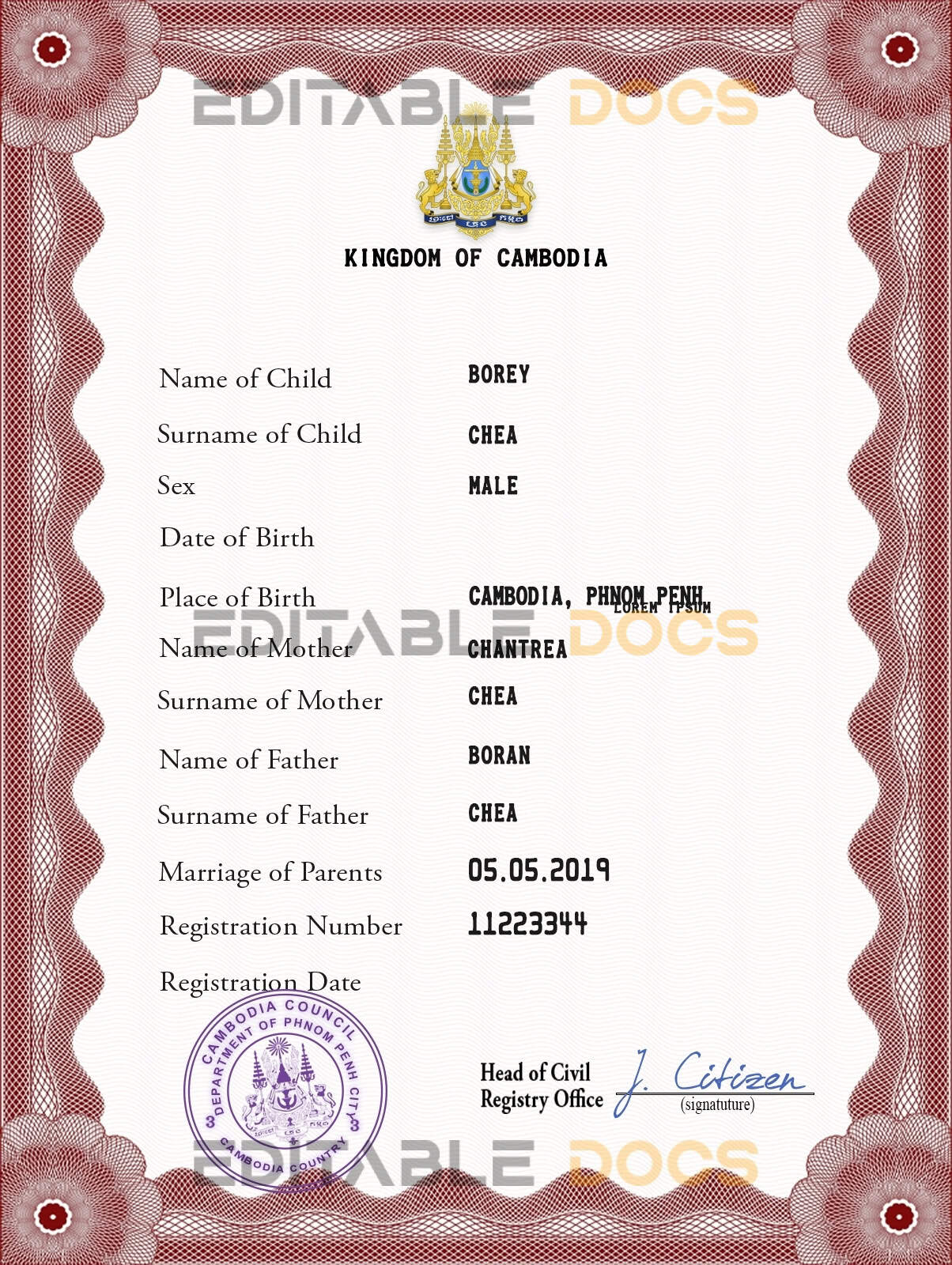 Authentic Cambodia Birth Certificate Template | Customize and Download Online