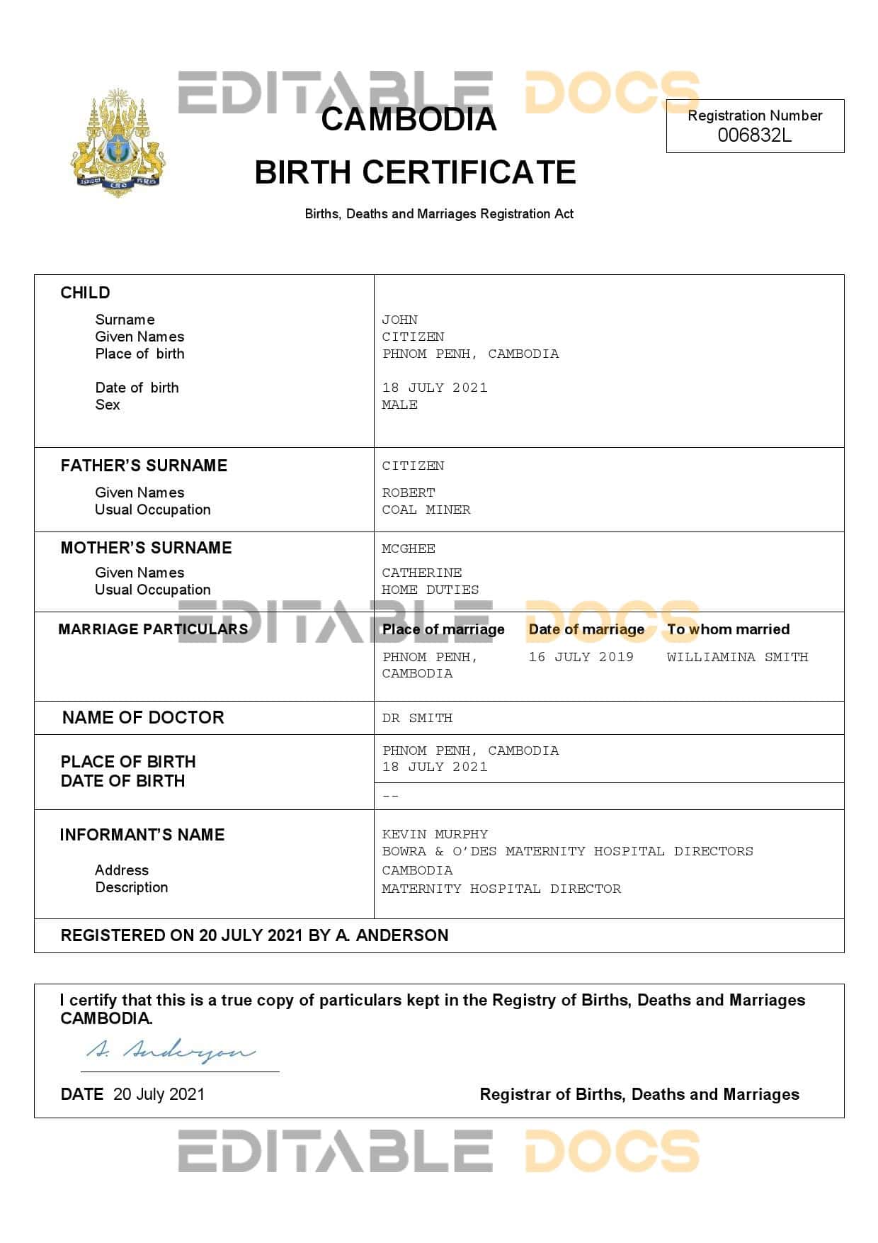 Authentic Cambodia Birth Certificate Template | Customize and Download Online