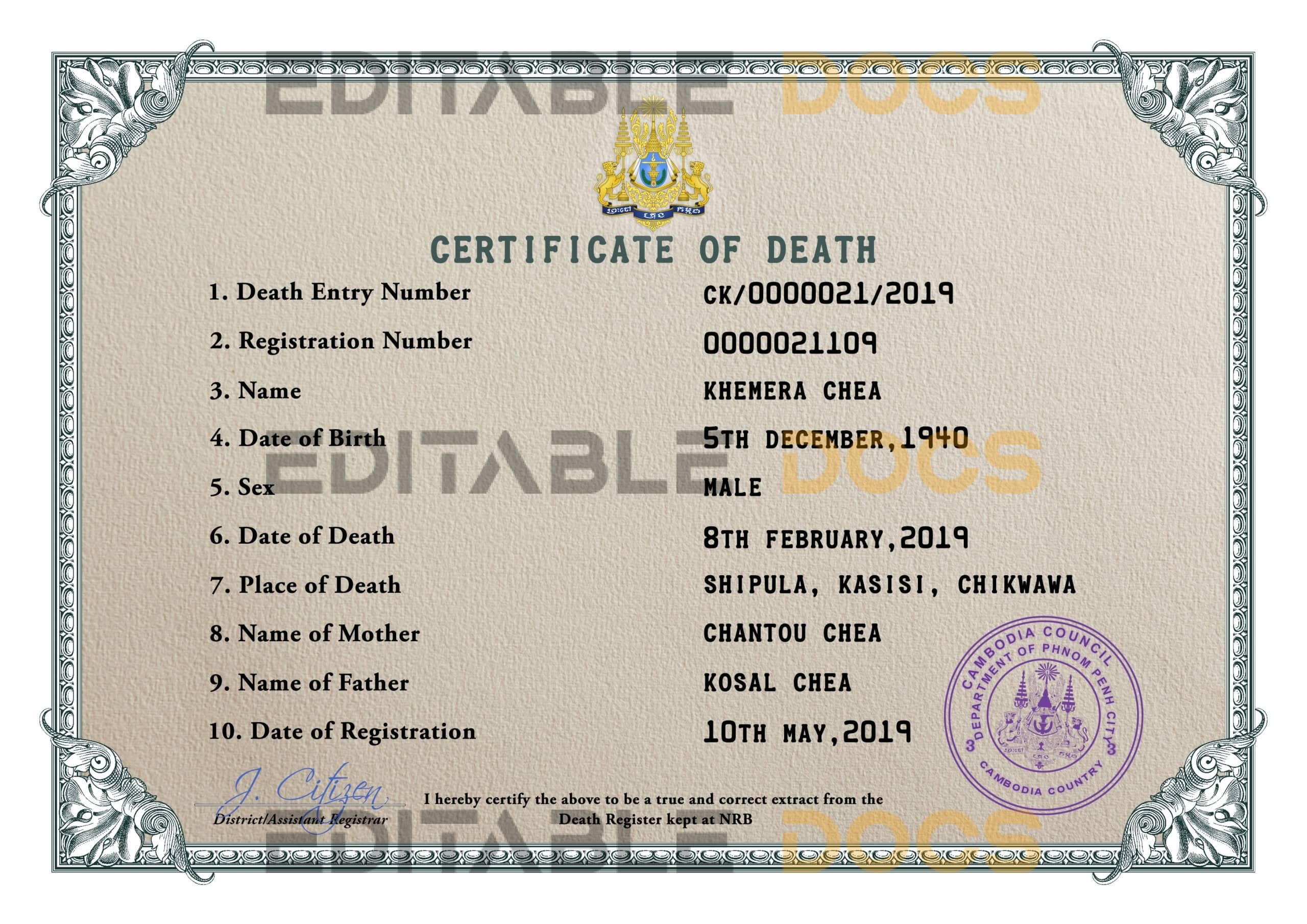 Customizable Cambodia Death Certificate PSD Templates | Instant Download