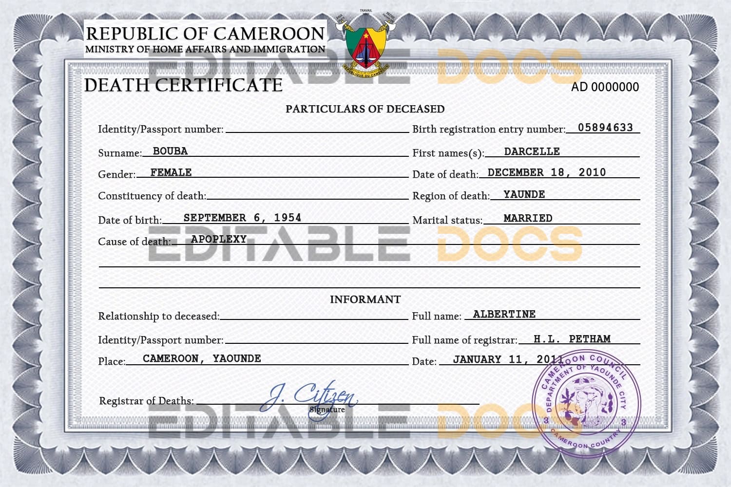 Customizable Cameroon Death Certificate PSD Templates | Instant Download