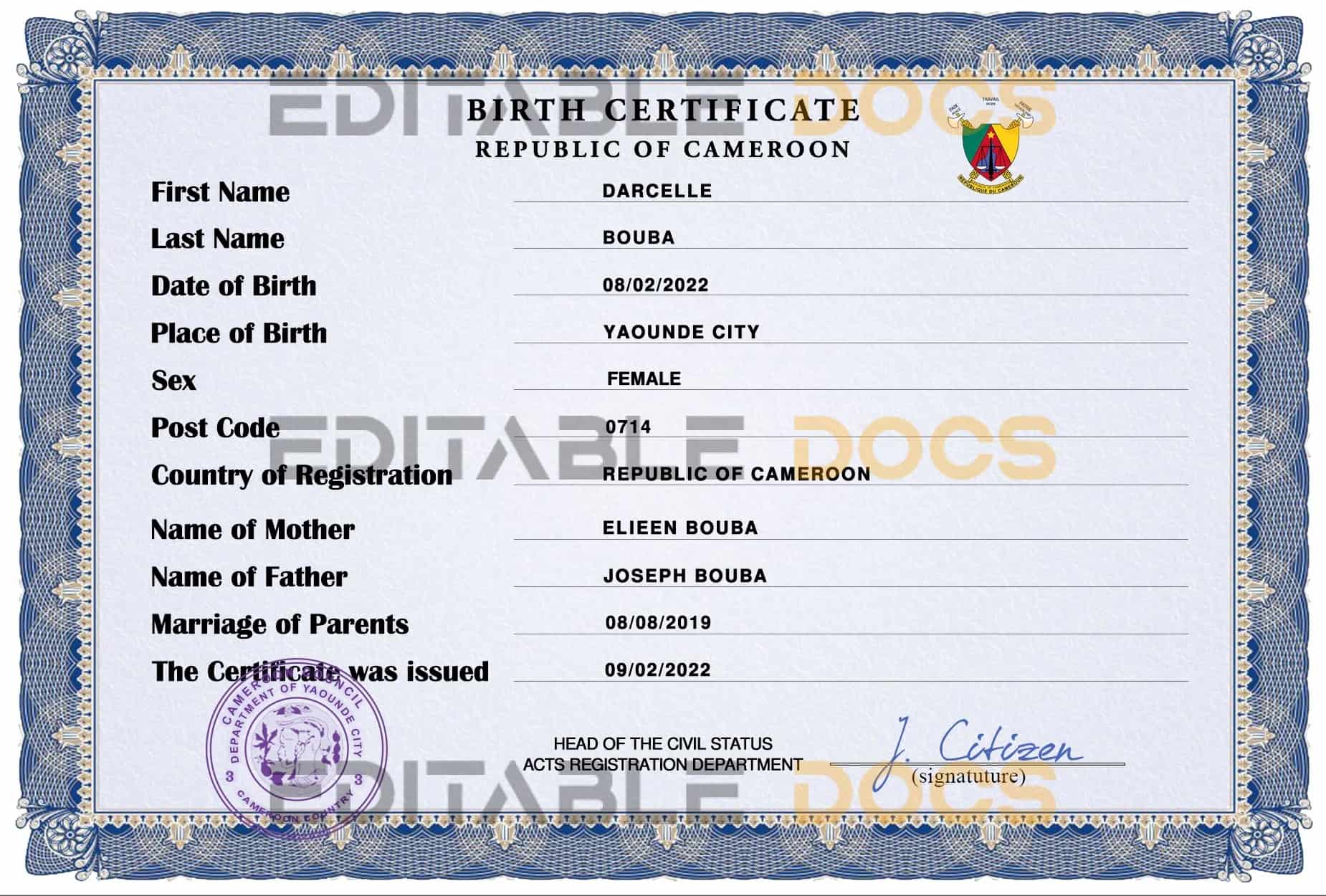 Authentic Cameroon Birth Certificate Template | Customize and Download Online