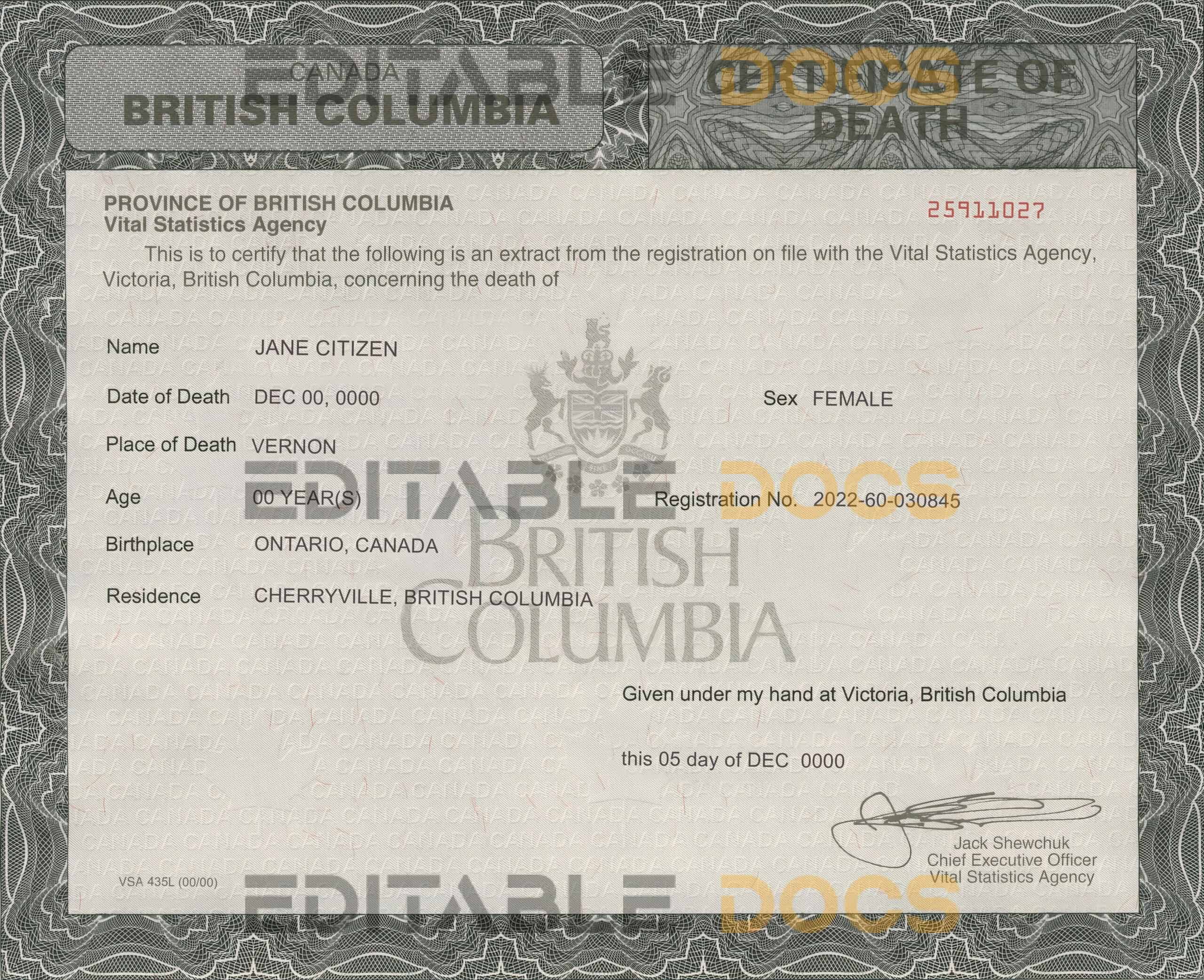 Customizable Canada British Columbia Death Certificate PSD Templates | Instant Download
