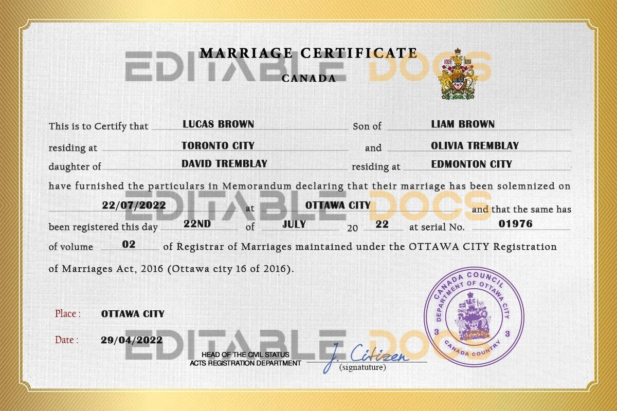 Canada Marriage Certificate | Editable PSD Templates