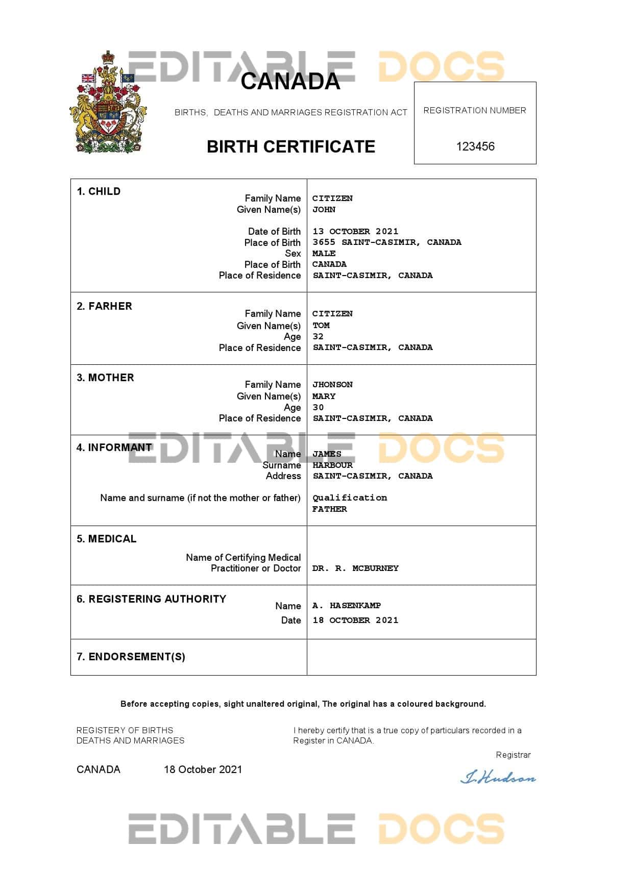 Authentic Canada Birth Certificate Template | Customize and Download Online