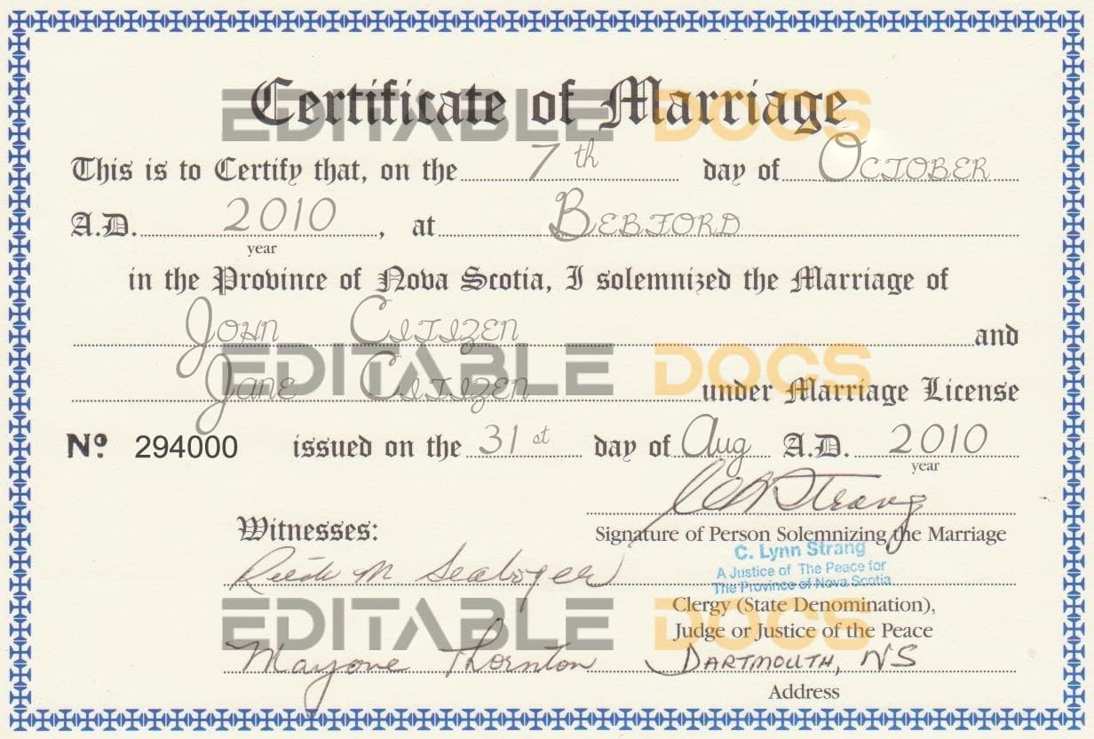 Canada province nova scotia Marriage Certificate | Editable PSD Templates