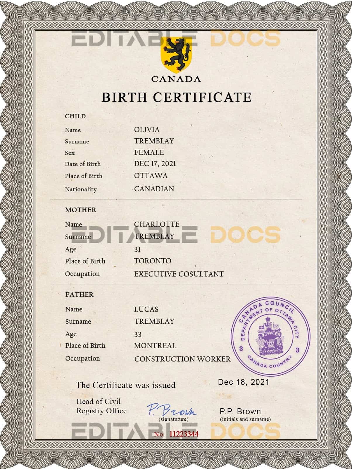 Authentic Canada Birth Certificate Template | Customize and Download Online