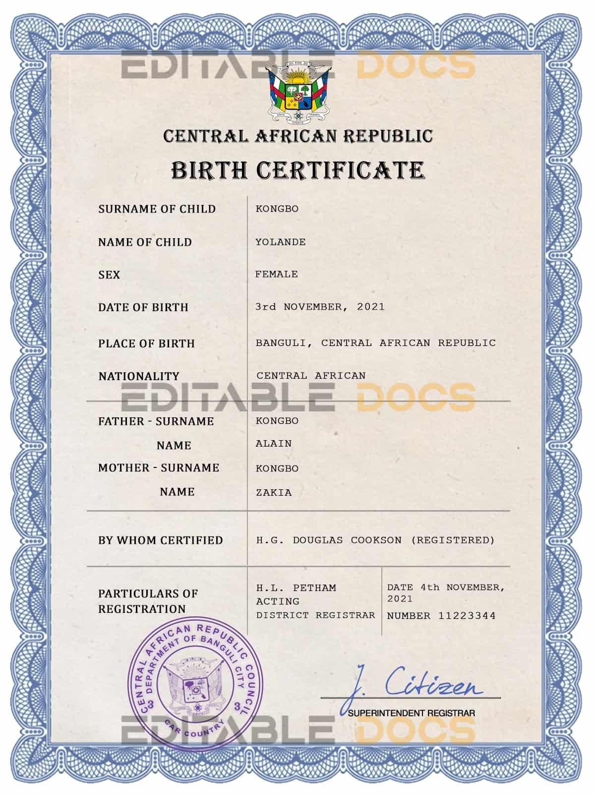 Authentic Central African Republic Birth Certificate Template | Customize and Download Online