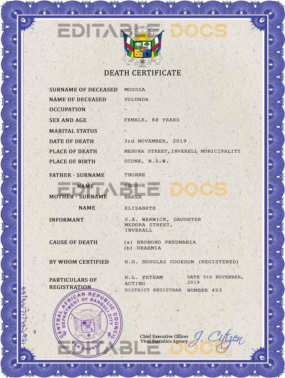 Customizable Central African Republic Death Certificate PSD Templates | Instant Download
