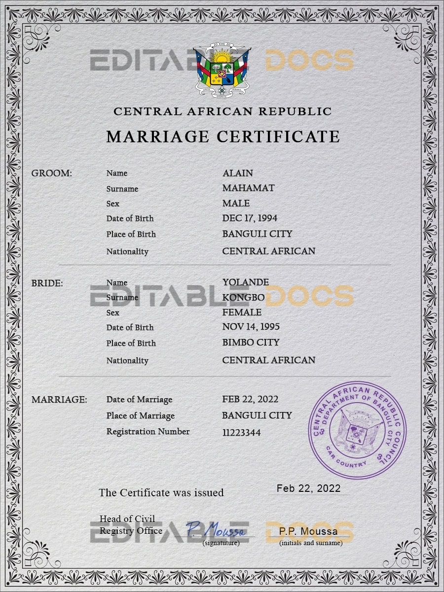 Central African Republic Marriage Certificate | Editable PSD Templates