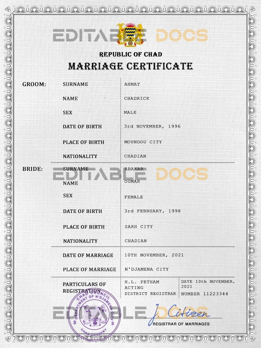Chad Marriage Certificate | Editable PSD Templates