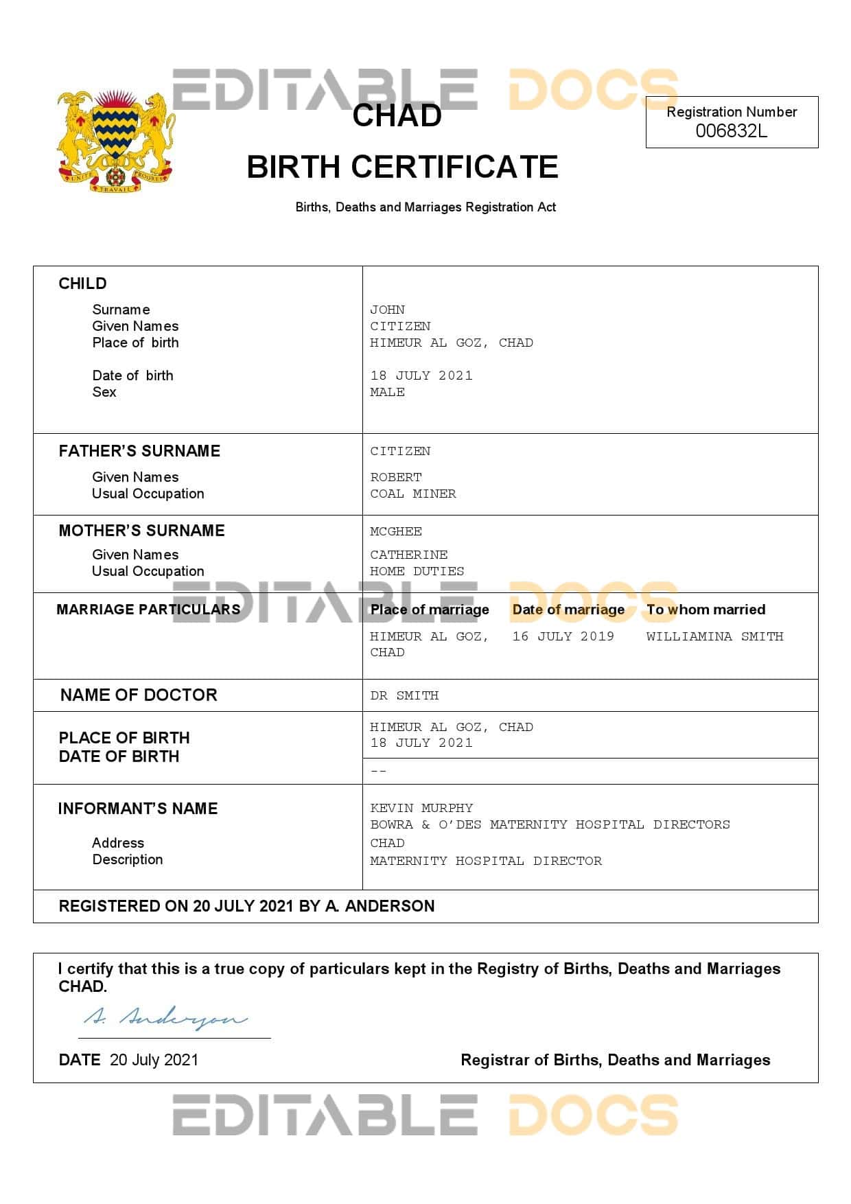 Authentic Chad Birth Certificate Template | Customize and Download Online