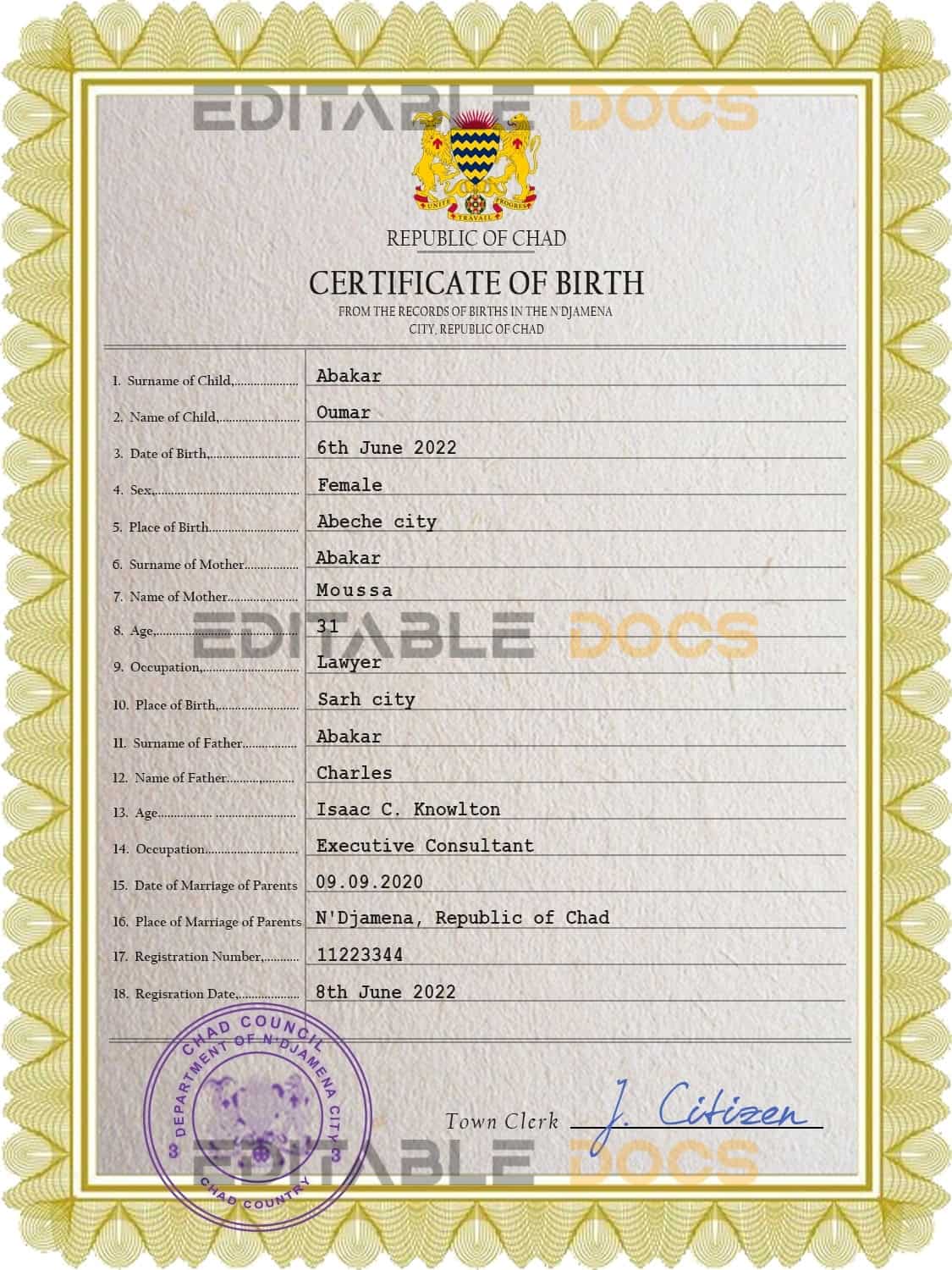 Authentic Chad Birth Certificate Template | Customize and Download Online