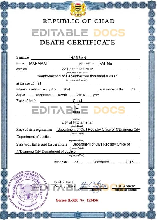 Customizable Chad Death Certificate PSD Templates | Instant Download