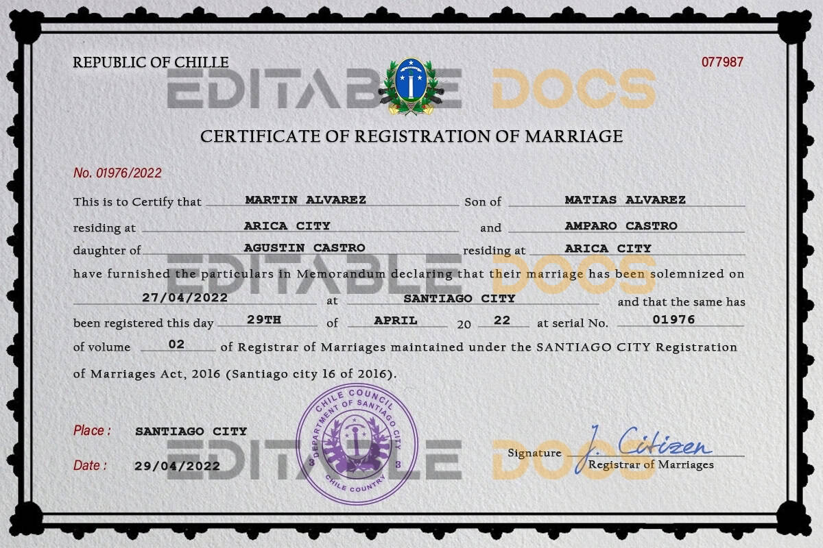 Chile Marriage Certificate | Editable PSD Templates