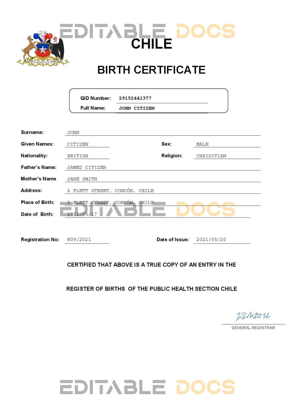 Authentic Chile Birth Certificate Template | Customize and Download Online