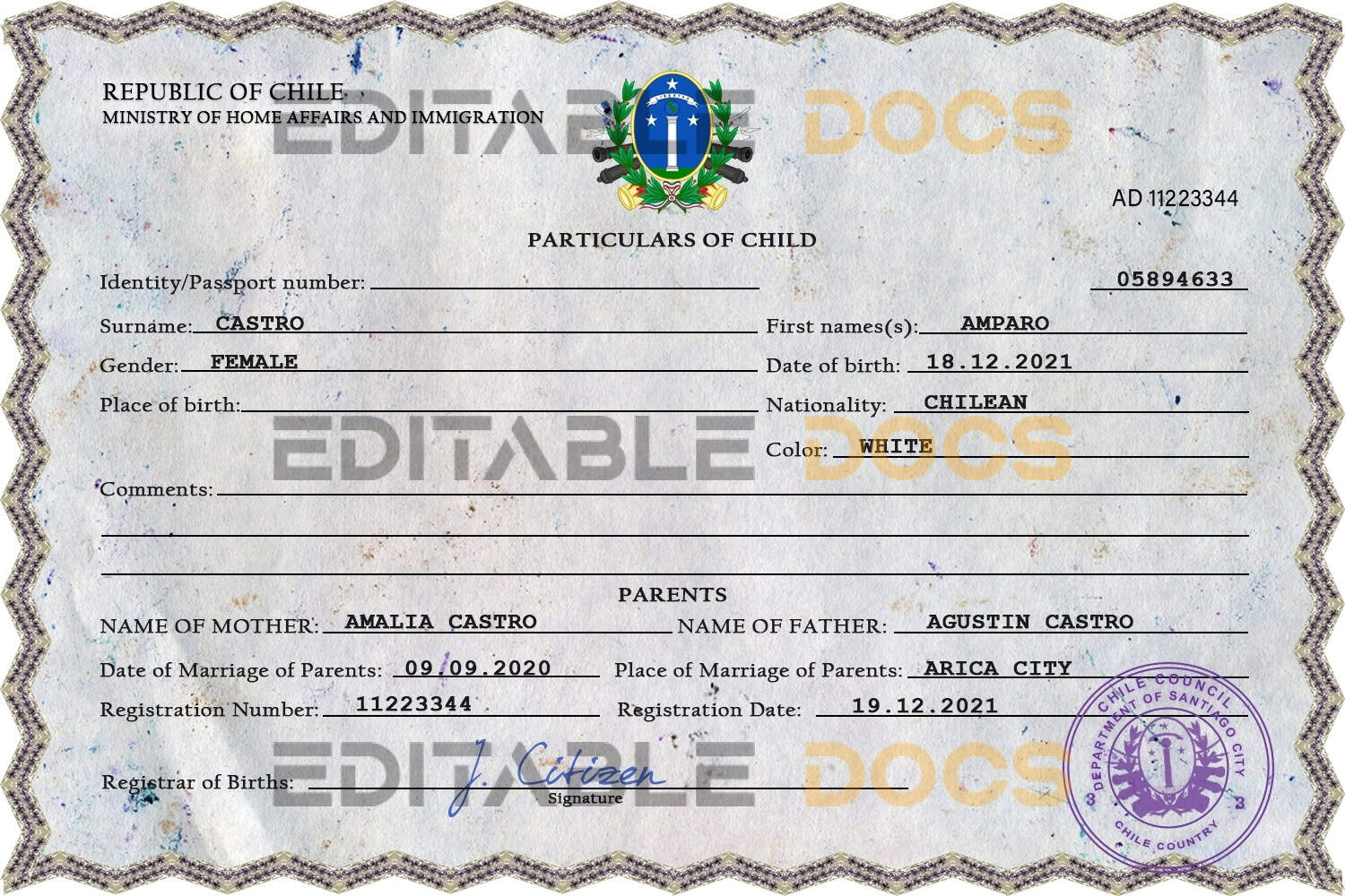 Authentic Chile Birth Certificate Template | Customize and Download Online