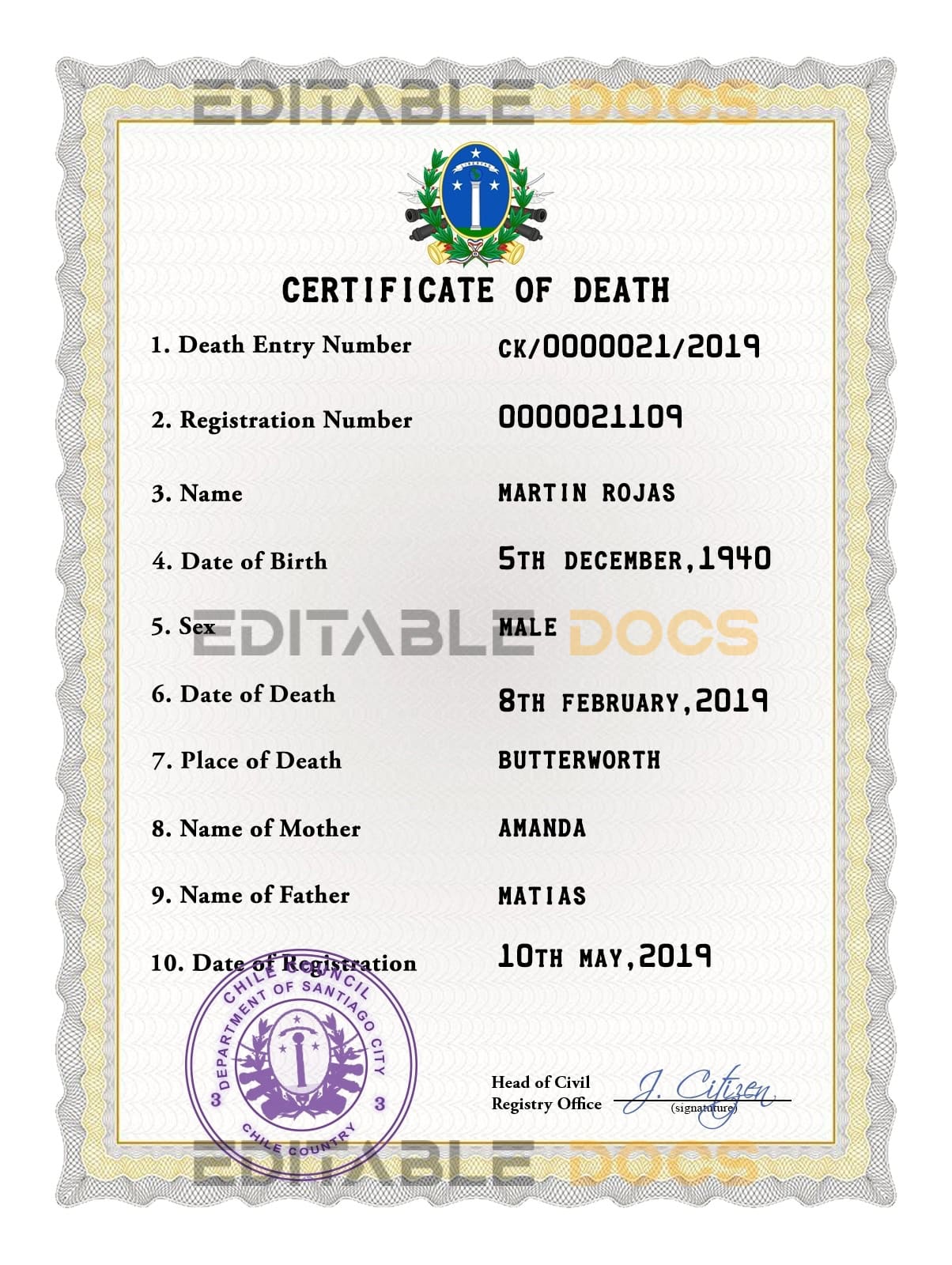 Customizable Chile Death Certificate PSD Templates | Instant Download