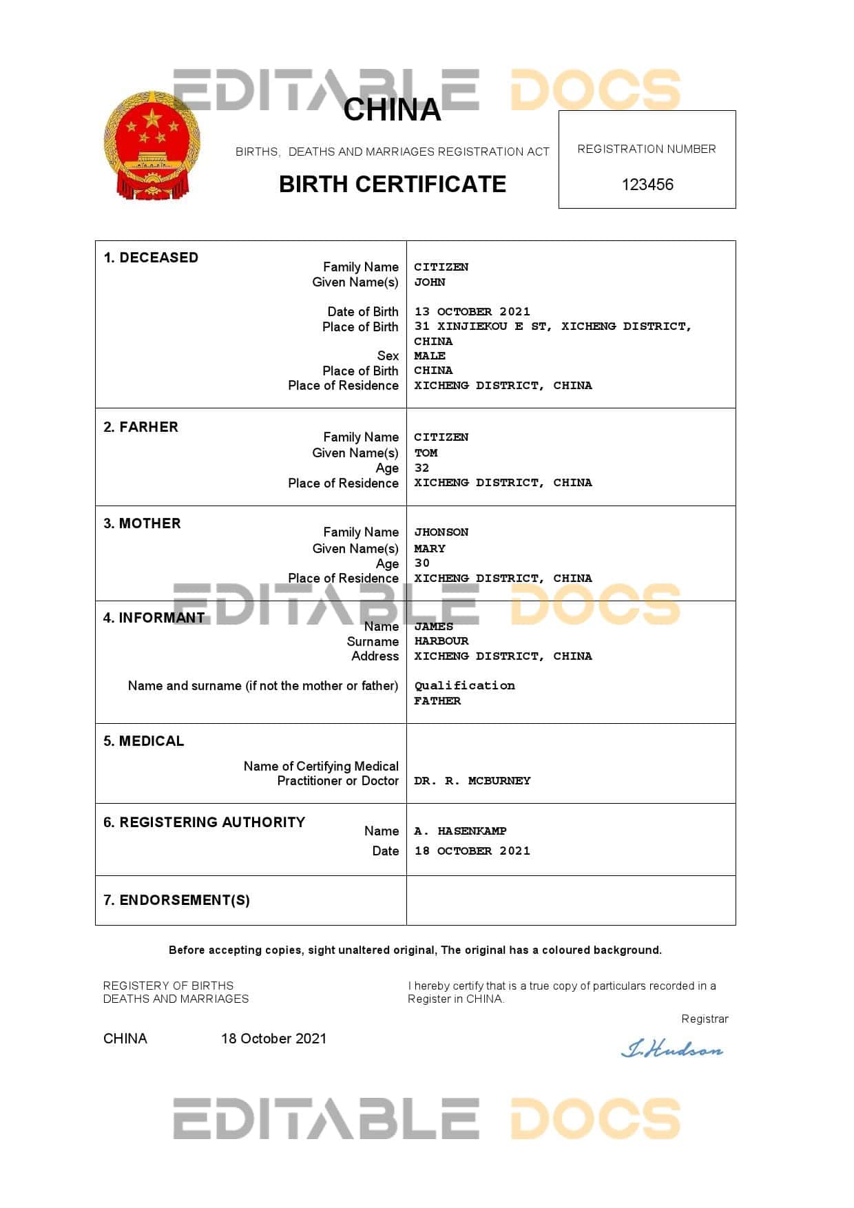 Authentic China Birth Certificate Template | Customize and Download Online