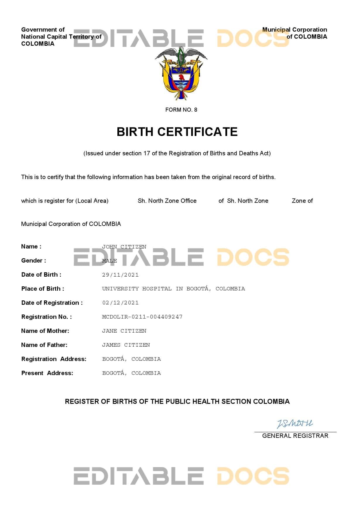 Authentic Colombia Birth Certificate Template | Customize and Download Online