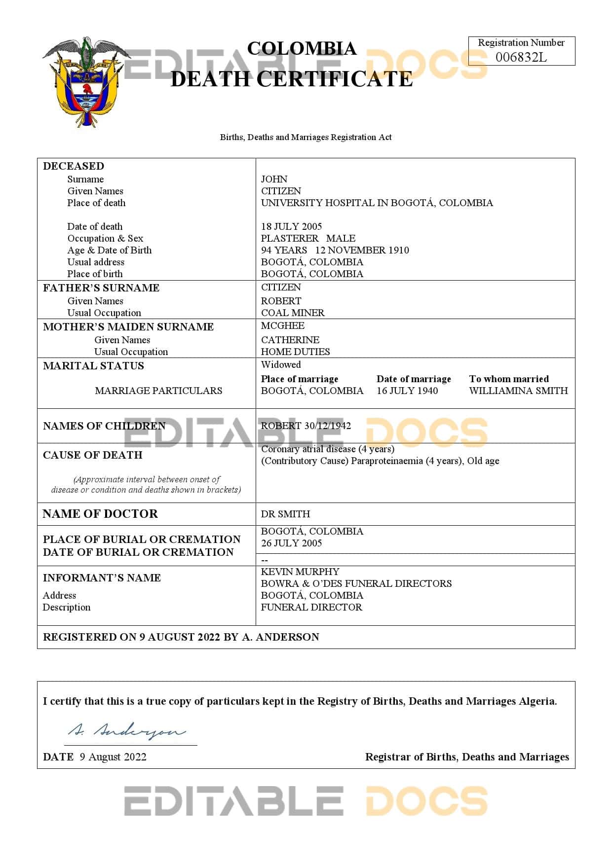 Fillable Colombia Death PDF Templates | Blank Docs