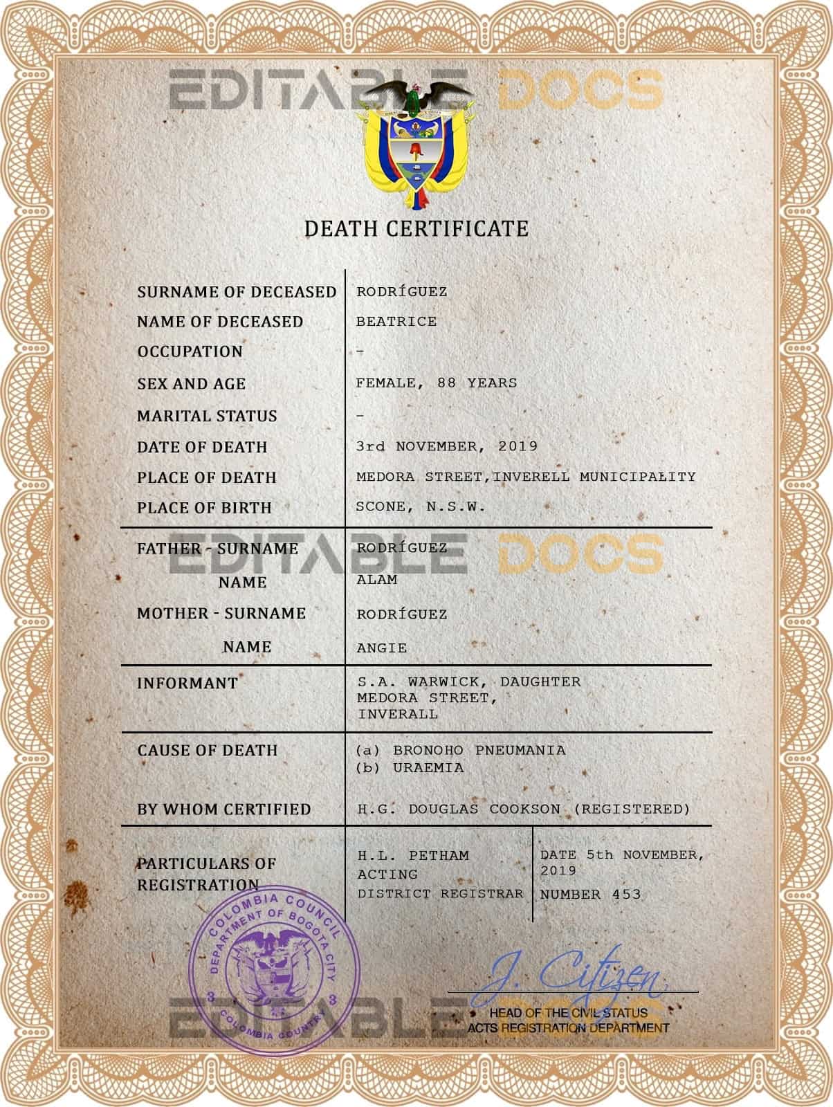 Customizable Colombia Death Certificate PSD Templates | Instant Download