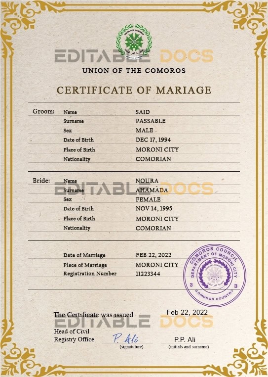 Comoros Marriage Certificate | Editable PSD Templates