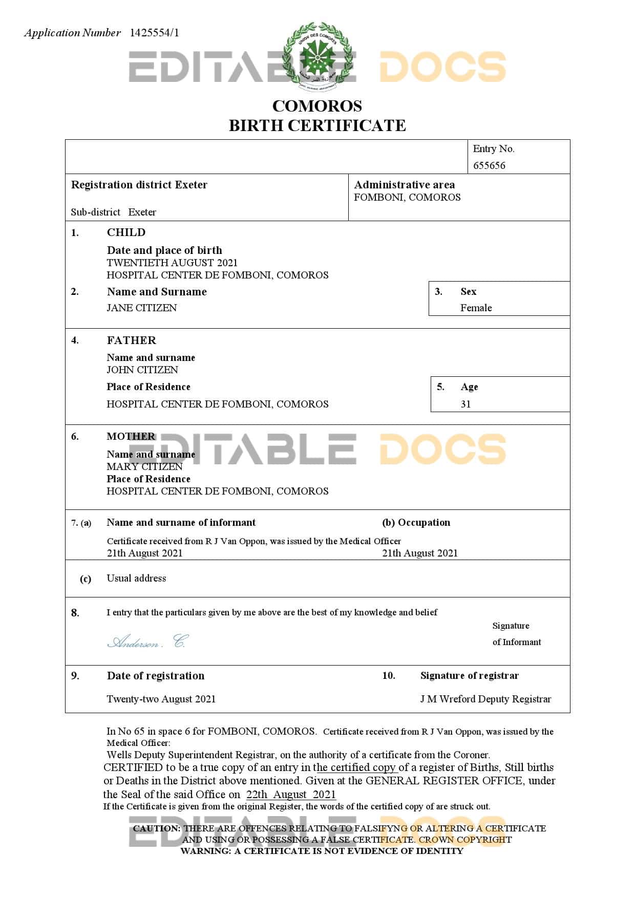 Authentic Comoros Birth Certificate Template | Customize and Download Online