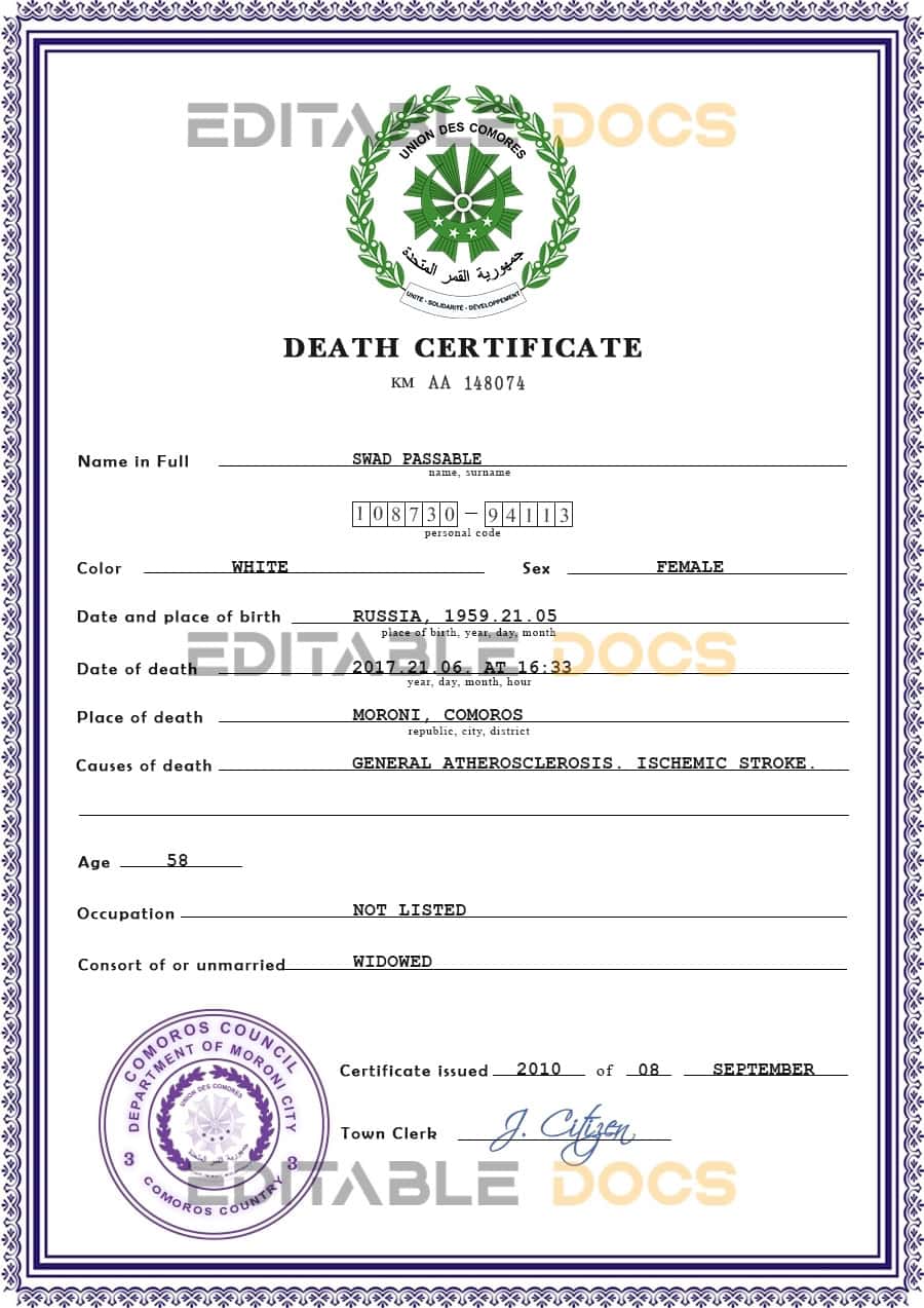 Customizable Comoros Death Certificate PSD Templates | Instant Download