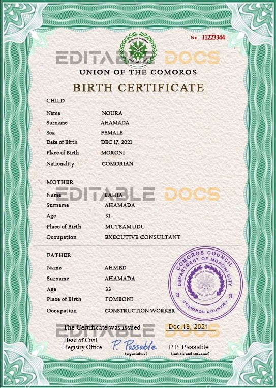 Authentic Comoros Birth Certificate Template | Customize and Download Online