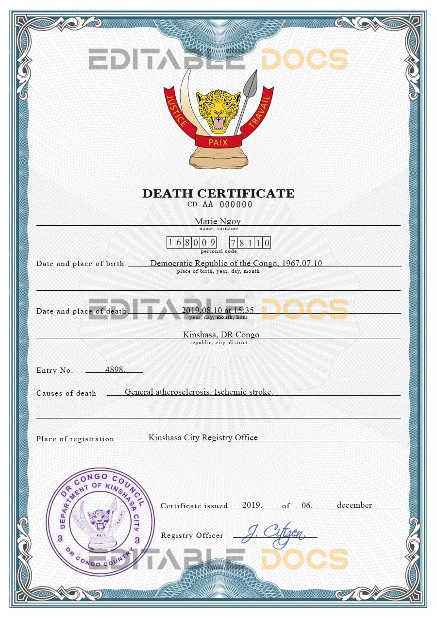Customizable Congo (Democratic Republic of the Congo) Death Certificate PSD Templates | Instant Download